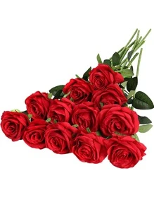6/10/12pcs Artificial Silk Rose Flower Bouquet With Long Stems, Ideal For Home Wedding Decoration, Valentine's Day And Parties, Valentine Day, Gift - Red - View 1