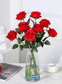 6/10/12pcs Artificial Silk Rose Flower Bouquet With Long Stems, Ideal For Home Wedding Decoration, Valentine's Day And Parties, Valentine Day, Gift - Red - View 3