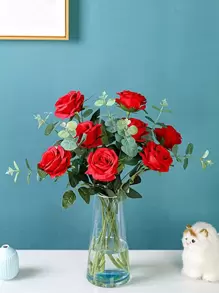 6/10/12pcs Artificial Silk Rose Flower Bouquet With Long Stems, Ideal For Home Wedding Decoration, Valentine's Day And Parties, Valentine Day, Gift - Red - View 6