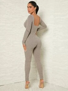 SHEIN SXY 素色大圓領螺紋針織彈力緊身連體褲 - 淺灰色 - 查看 3