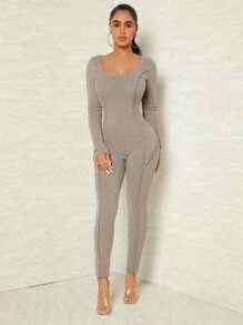 SHEIN SXY 素色大圓領螺紋針織彈力緊身連體褲 - 淺灰色 - 查看 5