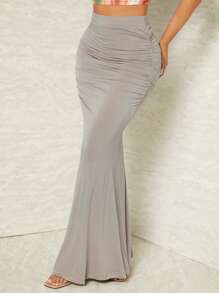 SHEIN SXY 褶邊高腰魚尾半身裙 - 灰色 - 查看 3