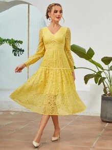 Ruffle Hem Lace Formal Dress - Yellow - View 1