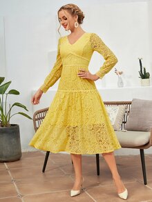 Ruffle Hem Lace Formal Dress - Yellow - View 3