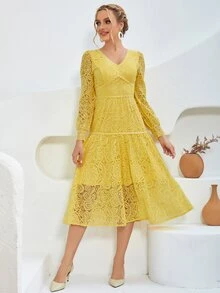 Ruffle Hem Lace Formal Dress - Yellow - View 4