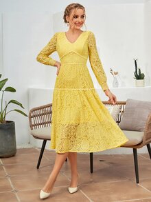 Ruffle Hem Lace Formal Dress - Yellow - View 5
