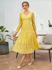 Ruffle Hem Lace Formal Dress - Yellow - View 7