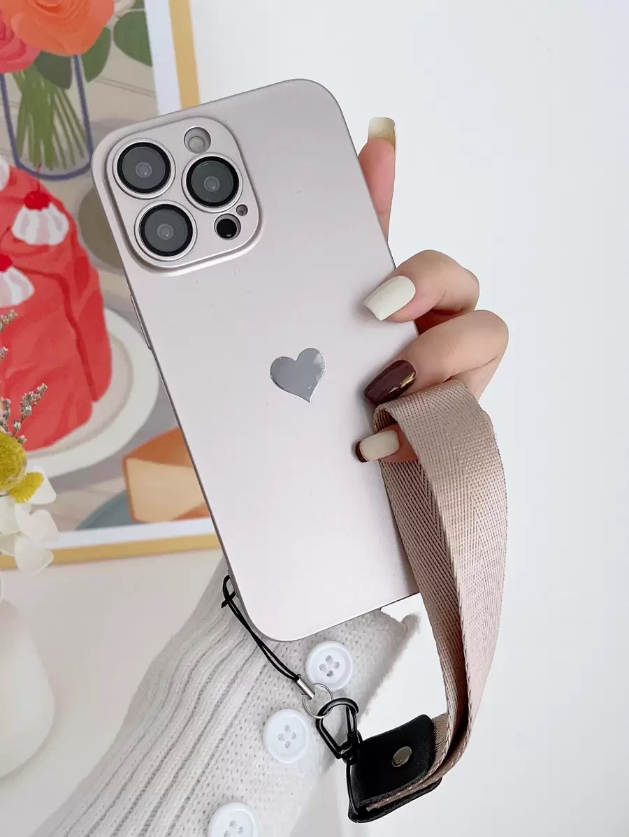 高品质 0.8MM 超薄 PC 仿皮耐磨穿孔镜头膜电镀心形装饰 + 布质挂绳 新款高级手机壳保护套 适用于 17 系列 - 香檳色 - 查看 1