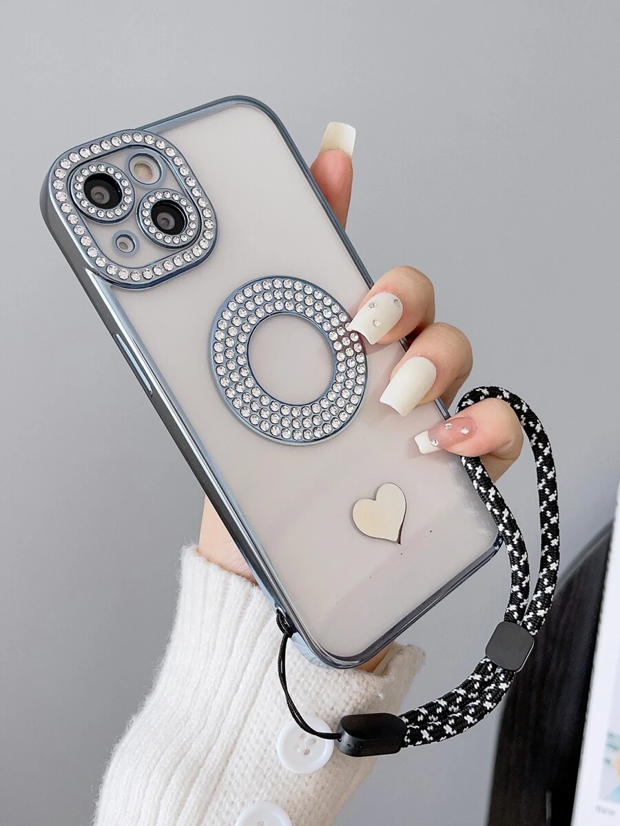 透明水鑽裝飾手機殼附帶繩子 - 藍色 - 查看 1