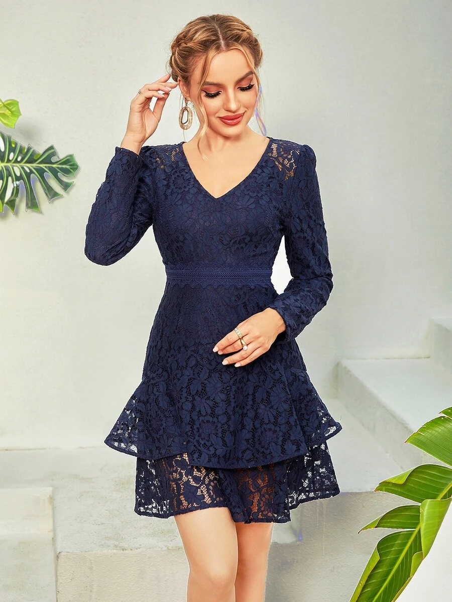 Two Layer Hem Lace Dress - Navy Blue - View 1