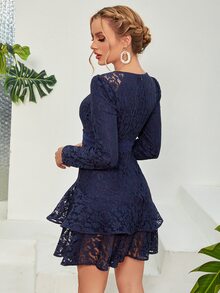 Two Layer Hem Lace Dress - Navy Blue - View 2