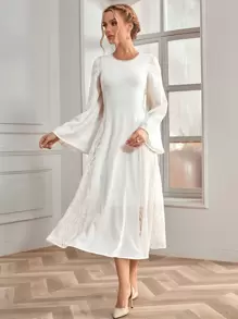 蕾絲拼接荷葉袖連衣裙 - 白色 - 查看 1
