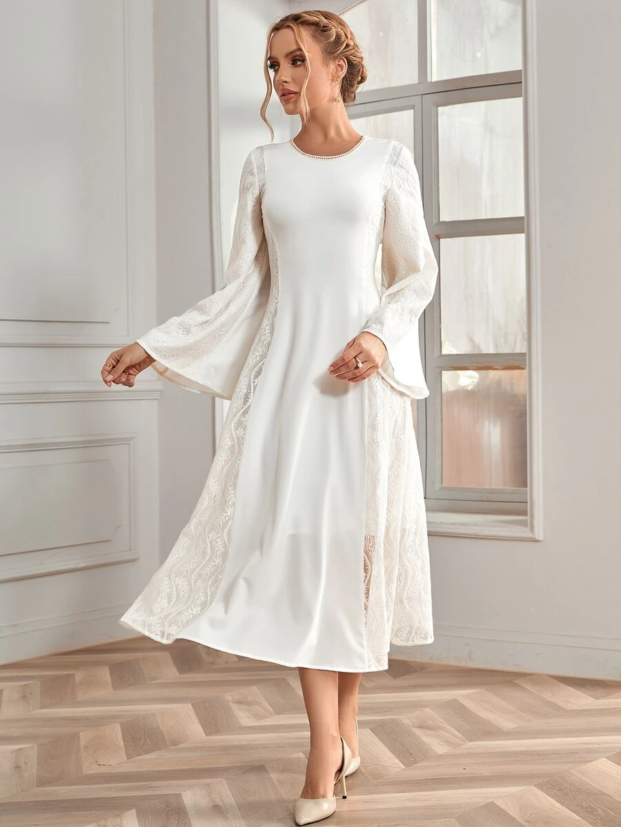 蕾絲拼接荷葉袖連衣裙 - 白色 - 查看 1