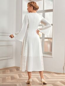 蕾絲拼接荷葉袖連衣裙 - 白色 - 查看 2