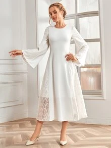 蕾絲拼接荷葉袖連衣裙 - 白色 - 查看 4