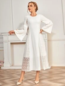 蕾絲拼接荷葉袖連衣裙 - 白色 - 查看 5