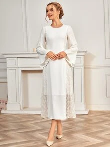 蕾絲拼接荷葉袖連衣裙 - 白色 - 查看 6