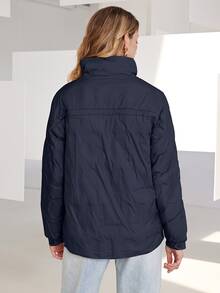 Flap Pocket Zip Up Padded Coat - Navy Blue - View 2
