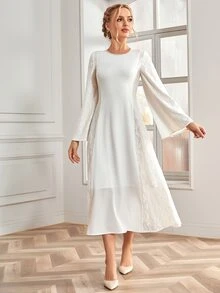 蕾絲拼接荷葉袖連衣裙 - 白色 - 查看 8