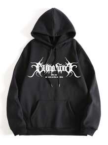 ROMWE MEN Street Life Guys Letter Graphic Kangaroo Pocket Drawstring Thermal Hoodie - Black - View 1