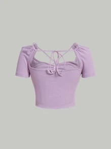 SHEIN MOD Solid Cut Out Crisscross Tie Back Ribbed Tee - Lilac Purple - View 8