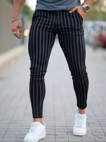Men Striped Slant Pocket Skinny Trousers - Black - View 1