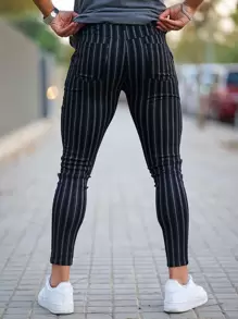 Men Striped Slant Pocket Skinny Trousers - Black - View 2