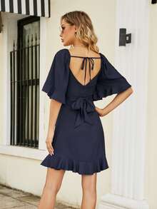 Vestido cruzado escote corazón de manga mariposa bajo con fruncido - Azul Marino - Ver 2