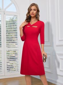 前鏤空A字連衣裙 - 紅色 - 查看 1