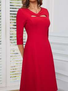 前鏤空A字連衣裙 - 紅色 - 查看 4