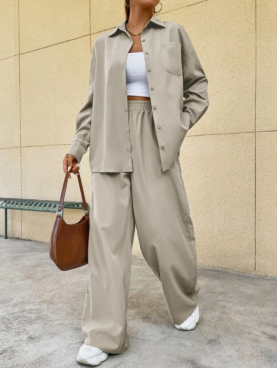 SHEIN Unity Bộ đồ hai mảnh nữ Túi Nút phía trước màu trơn Giải trí - Màu be - Xem 1