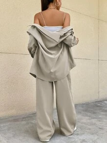 SHEIN Unity Bộ đồ hai mảnh nữ Túi Nút phía trước màu trơn Giải trí - Màu be - Xem 2