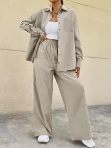 SHEIN Unity Bộ đồ hai mảnh nữ Túi Nút phía trước màu trơn Giải trí - Màu be - Xem 3