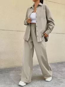 SHEIN Unity Bộ đồ hai mảnh nữ Túi Nút phía trước màu trơn Giải trí - Màu be - Xem 5