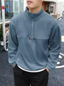 Manfinity Homme 男士1入組半拉鏈補丁細節絨布運動衫 - 藍色 - 查看 1