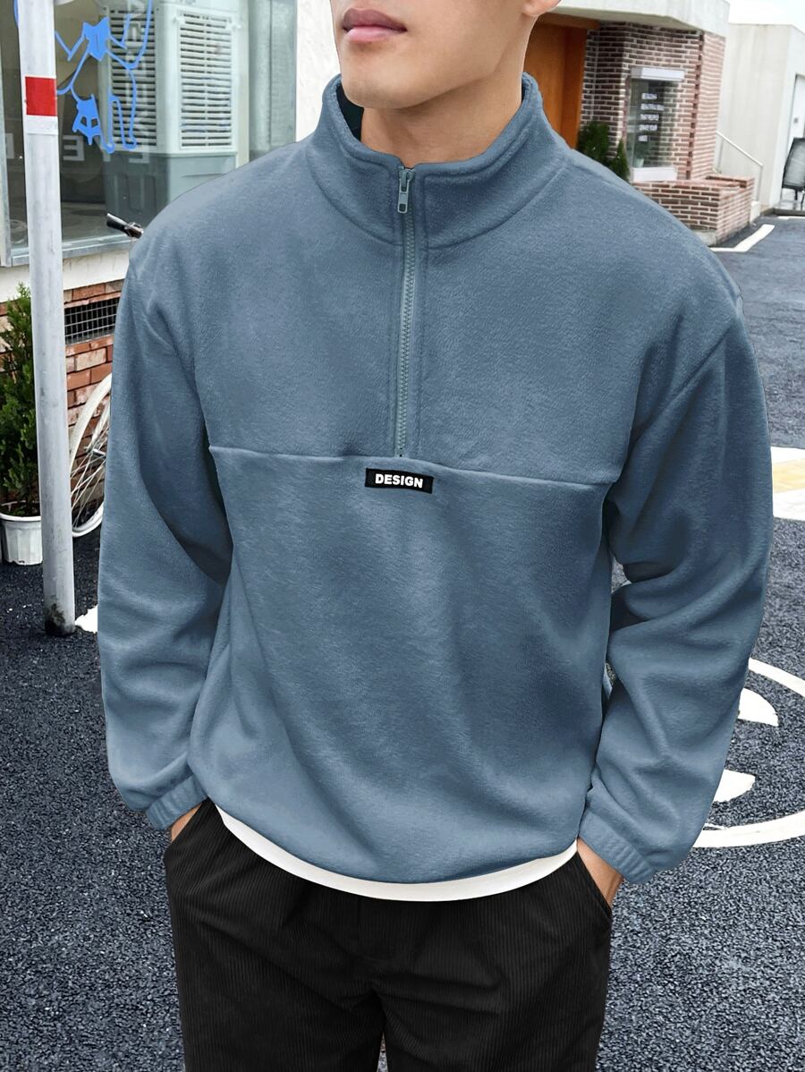 Manfinity Homme 男士1入組半拉鏈補丁細節絨布運動衫 - 藍色 - 查看 1