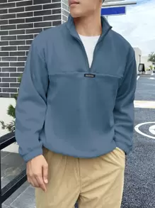 Manfinity Homme 男士1入組半拉鏈補丁細節絨布運動衫 - 藍色 - 查看 4