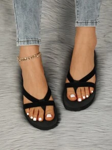 Minimalist Faux Suede Flip Flops - Black - View 5