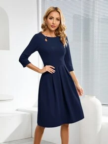 Solid Fold Pleated A-line Dress - Navy Blue - View 7