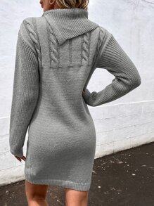 Joress Button Detail Turtleneck Cable Knit Jumper Dress Without Belt - Grey - View 2