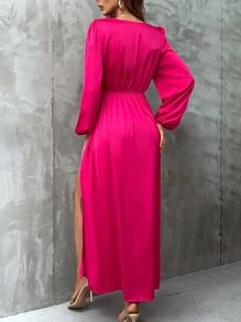 SHEIN Clasi 燈籠袖前扭結圍裹洋裝 - 玫紅色 - 查看 3