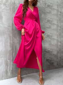 SHEIN Clasi 燈籠袖前扭結圍裹洋裝 - 玫紅色 - 查看 1