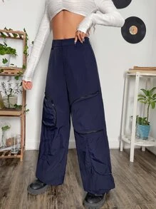 SHEIN ICON Grunge Gorpcore Zipper Fly Flap Pocket Cargo Pants - Navy Blue - View 3