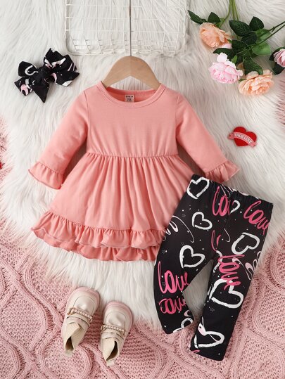 Baby Flounce Sleeve Ruffle Hem Top & Heart Print Leggings & Headband