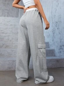 SHEIN EZwear 翻蓋口袋腰部抽繩衛褲 - 淺灰色 - 查看 2