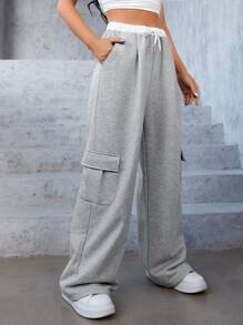 SHEIN EZwear 翻蓋口袋腰部抽繩衛褲 - 淺灰色 - 查看 4