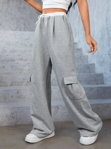 SHEIN EZwear 翻蓋口袋腰部抽繩衛褲 - 淺灰色 - 查看 1