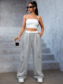 SHEIN EZwear 翻蓋口袋腰部抽繩衛褲 - 淺灰色 - 查看 5