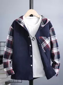 男孩格紋補丁貼口袋連帽襯衫不帶T恤