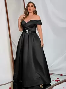 Plus Off Shoulder Split Thigh Belted Satin Dress - Black - View 5